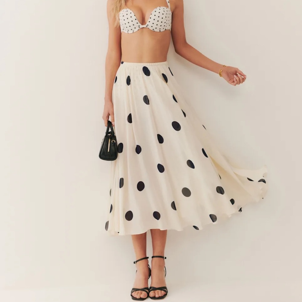 Reformation Black and Cream Polka Dot A-Line Skirt